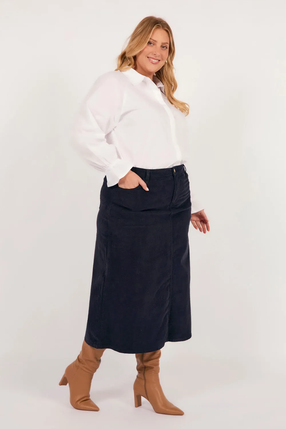 Adrift A-Line Brushed Cotton Skirt in Navy Adrift
