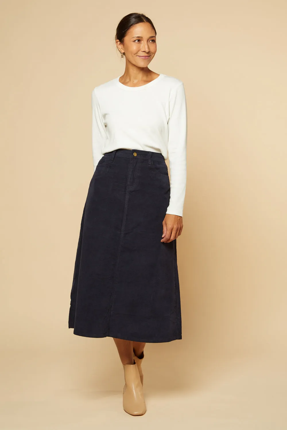 Adrift A-Line Brushed Cotton Skirt in Navy Adrift