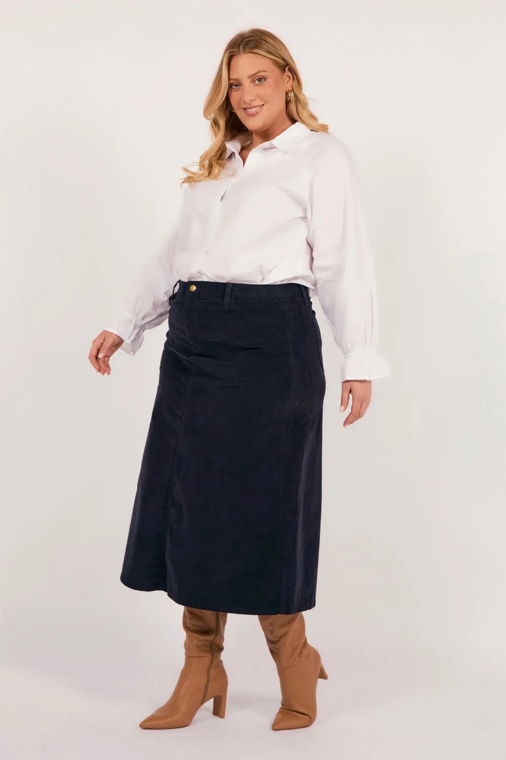 Adrift A-Line Brushed Cotton Skirt in Navy Adrift