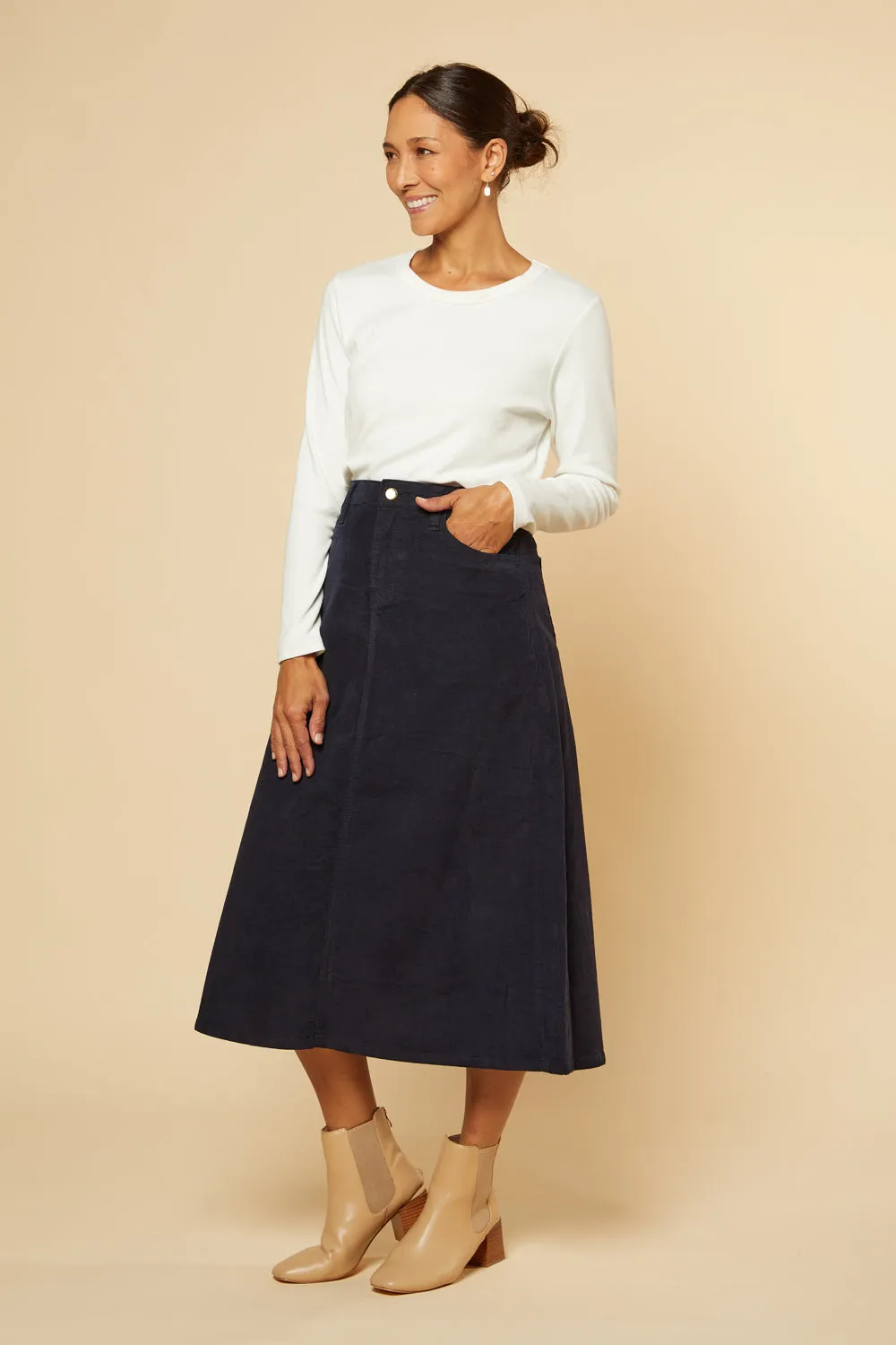 Adrift A-Line Brushed Cotton Skirt in Navy Adrift