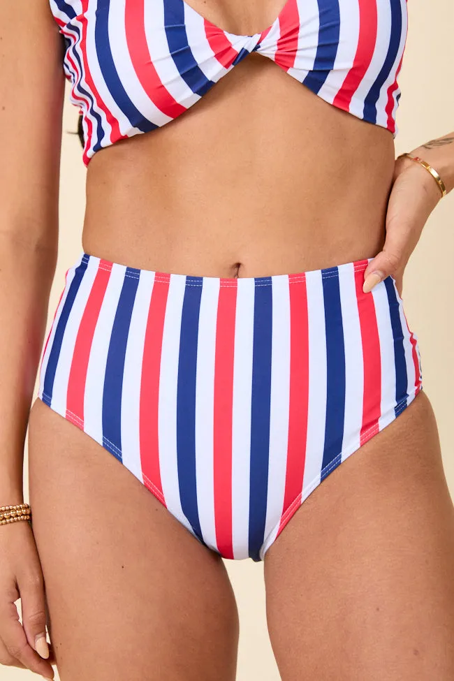 American Dreams Red, White, and Blue Striped High Waisted Bikini Bottoms PINK LILY