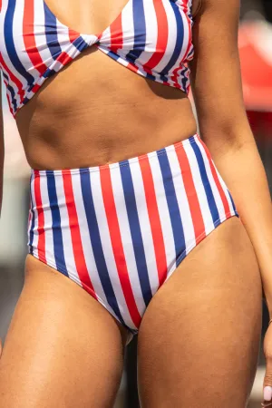 American Dreams Red, White, and Blue Striped High Waisted Bikini Bottoms PINK LILY