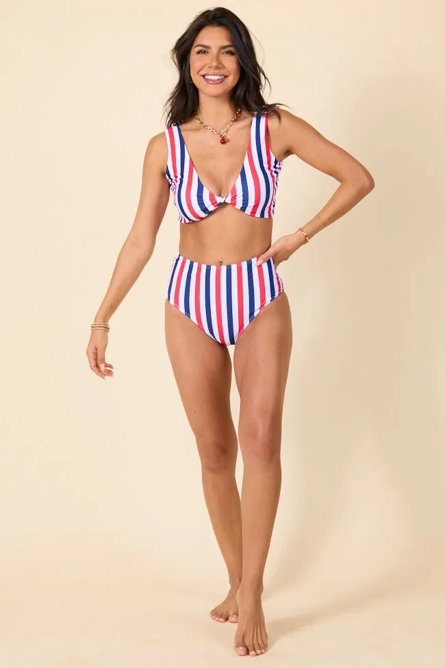 American Dreams Red, White, and Blue Striped High Waisted Bikini Bottoms PINK LILY