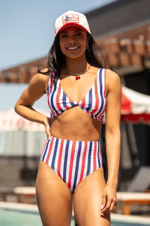 American Dreams Red, White, and Blue Twist Front Striped Bikini Top PINK LILY