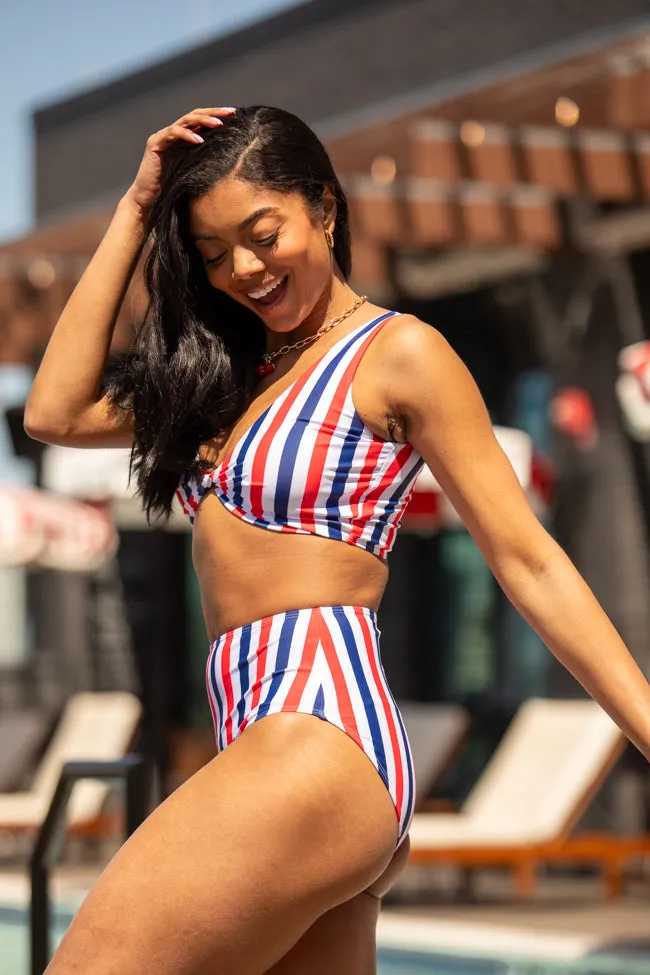 American Dreams Red, White, and Blue Twist Front Striped Bikini Top PINK LILY