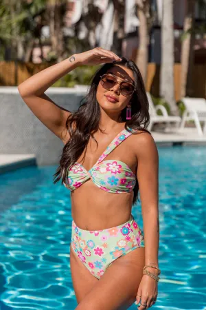 Aruba Adventures Green Multi One Shoulder Bikini Top PINK LILY