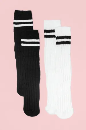 Black and White Tall Striped Varsity Socks Set SALE PINK LILY