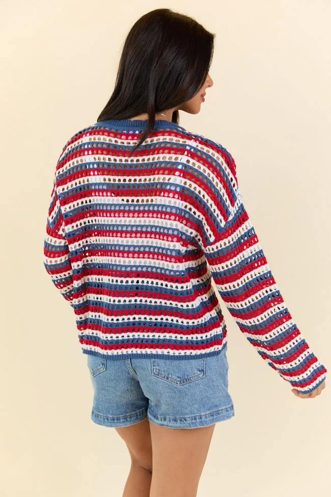 Chasing Rainbows V-Neck Red, White, And Blue Striped Crochet Sweater PINK LILY