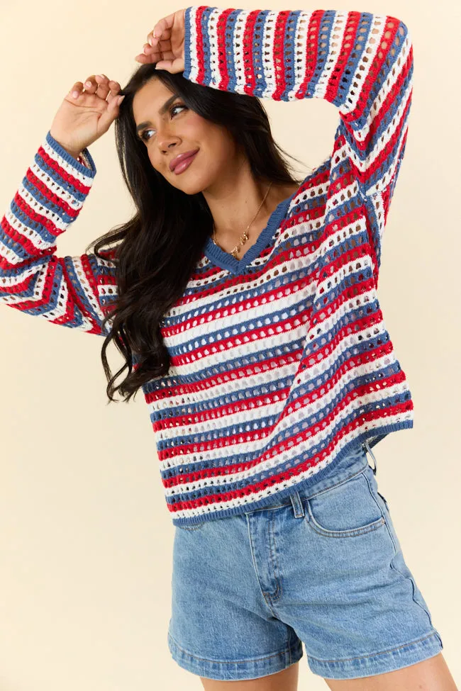 Chasing Rainbows V-Neck Red, White, And Blue Striped Crochet Sweater PINK LILY