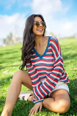 Chasing Rainbows V-Neck Red, White, And Blue Striped Crochet Sweater PINK LILY