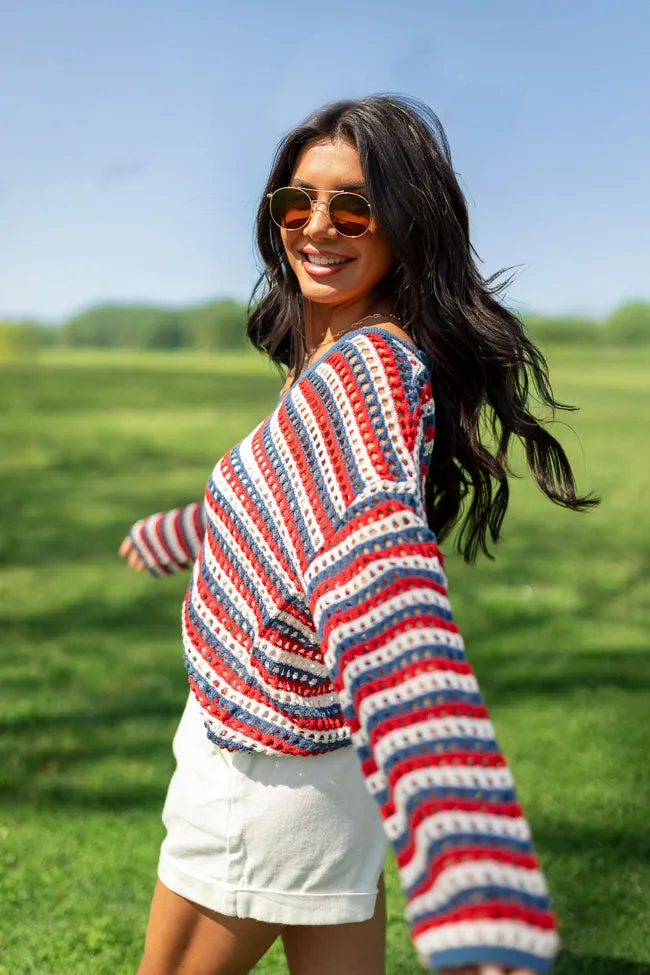 Chasing Rainbows V-Neck Red, White, And Blue Striped Crochet Sweater PINK LILY