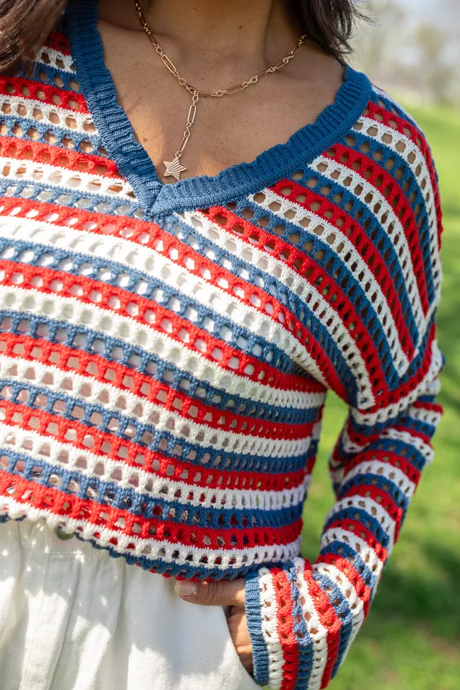 Chasing Rainbows V-Neck Red, White, And Blue Striped Crochet Sweater PINK LILY