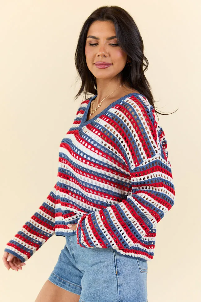 Chasing Rainbows V-Neck Red, White, And Blue Striped Crochet Sweater PINK LILY