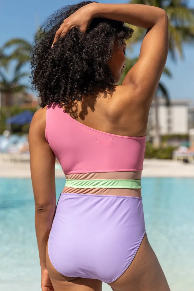 Chasing Sunsets One Shoulder Mesh Colorblock Swimsuit PINK LILY