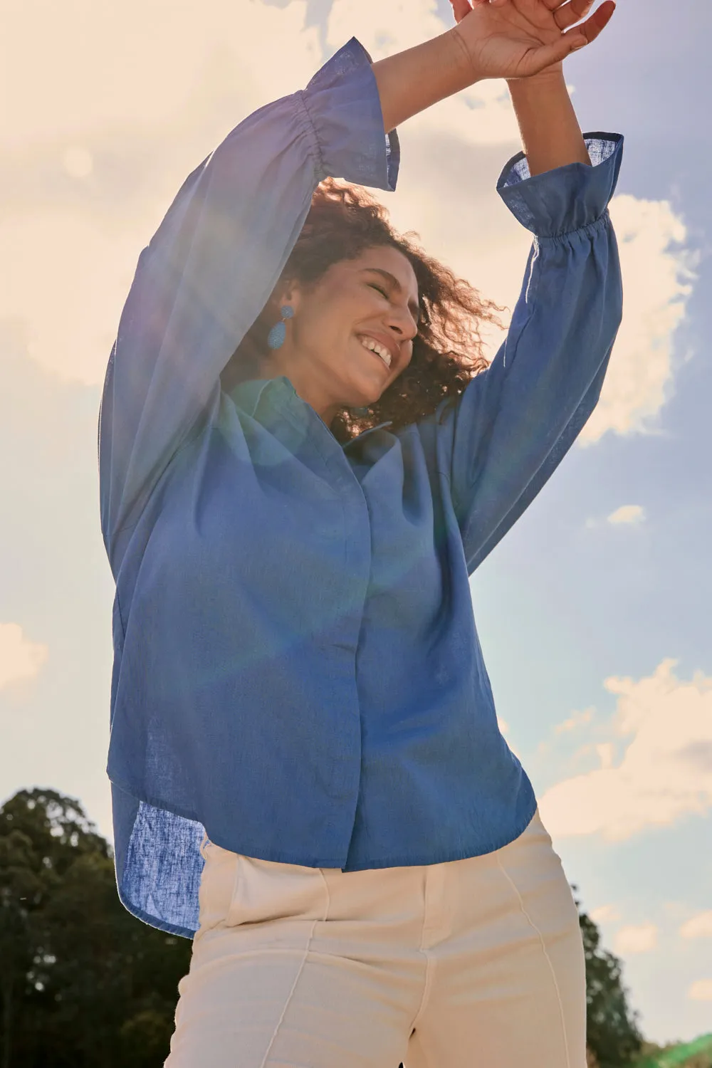 Ebony Frill Cuff Top in Yale Blue Adrift