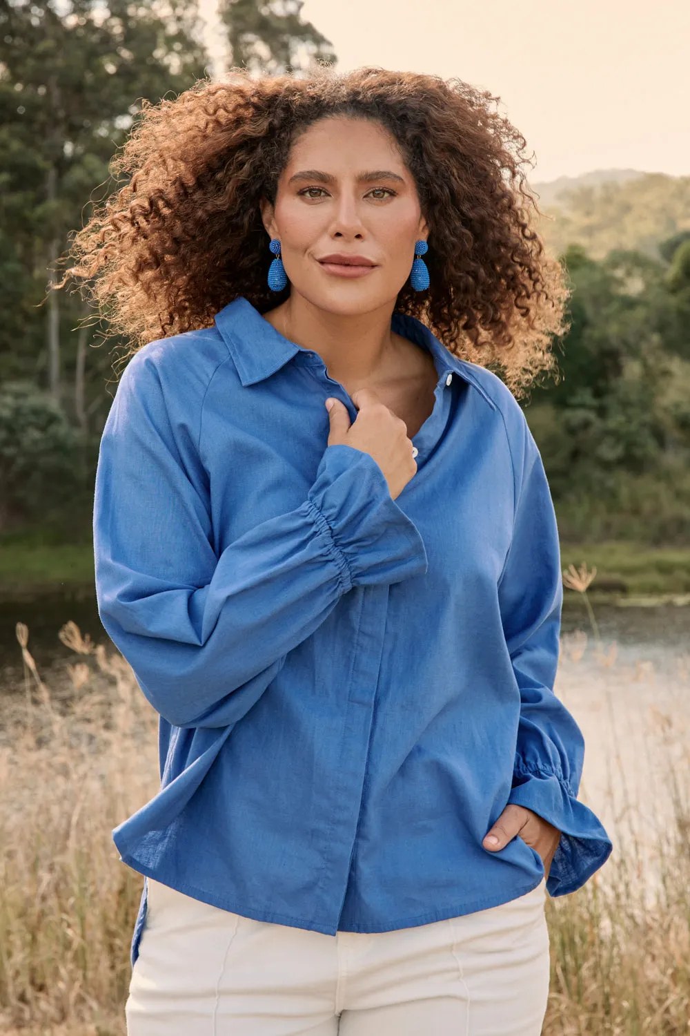Ebony Frill Cuff Top in Yale Blue Adrift