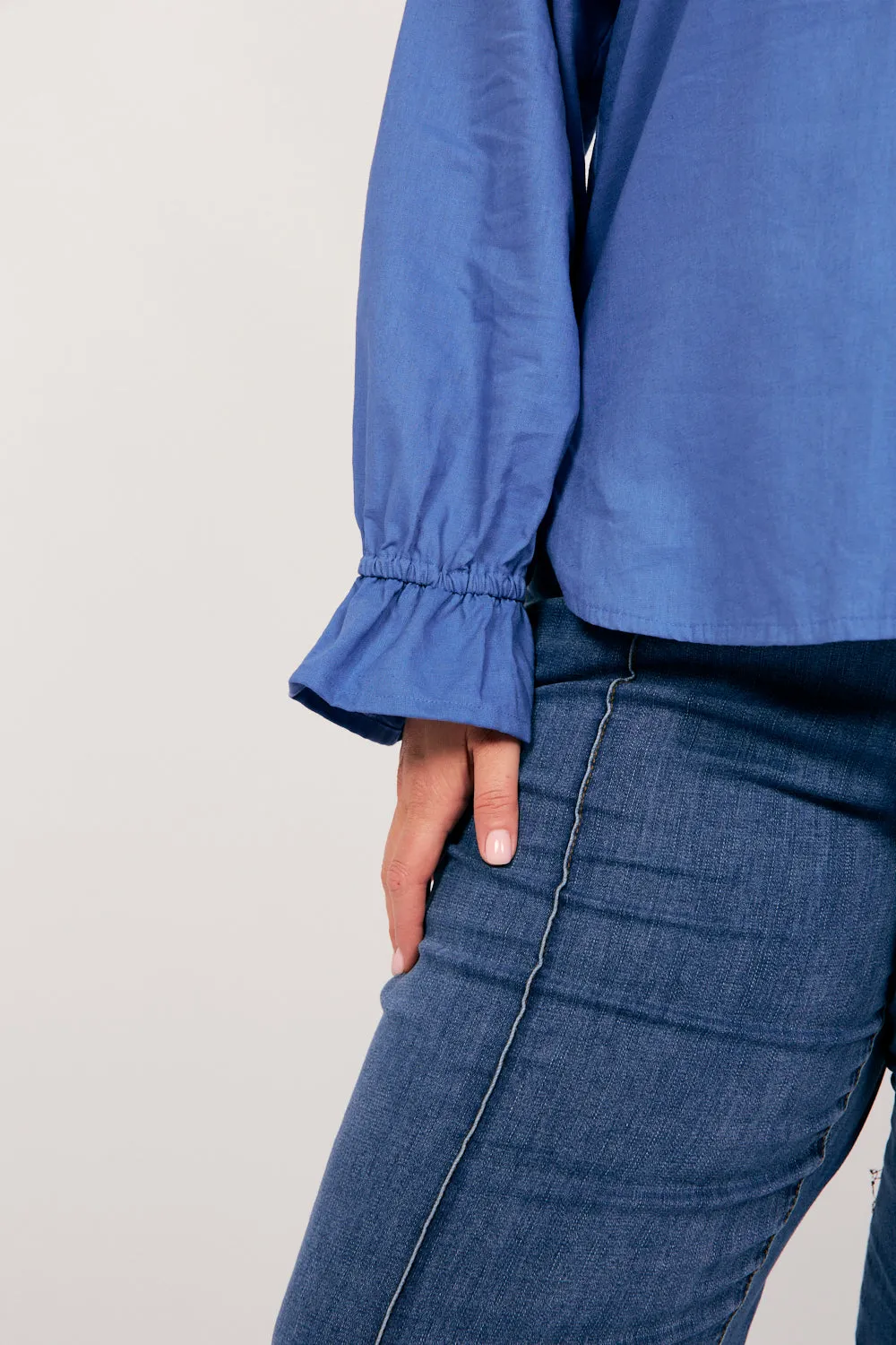 Ebony Frill Cuff Top in Yale Blue Adrift