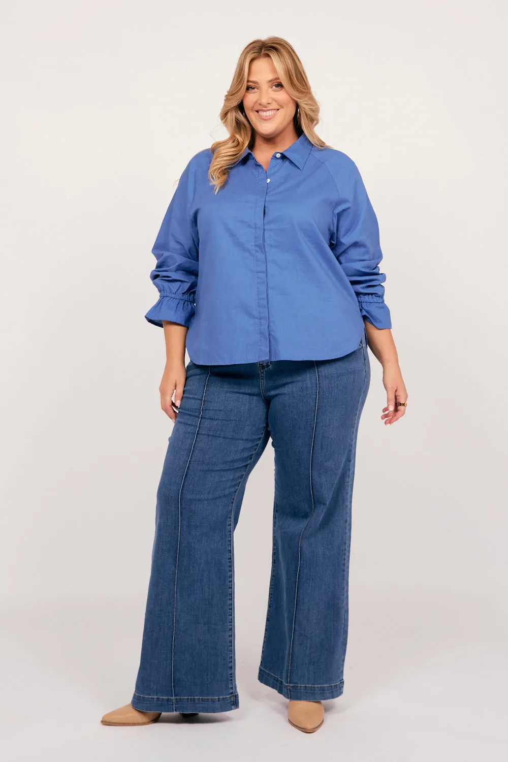 Ebony Frill Cuff Top in Yale Blue Adrift