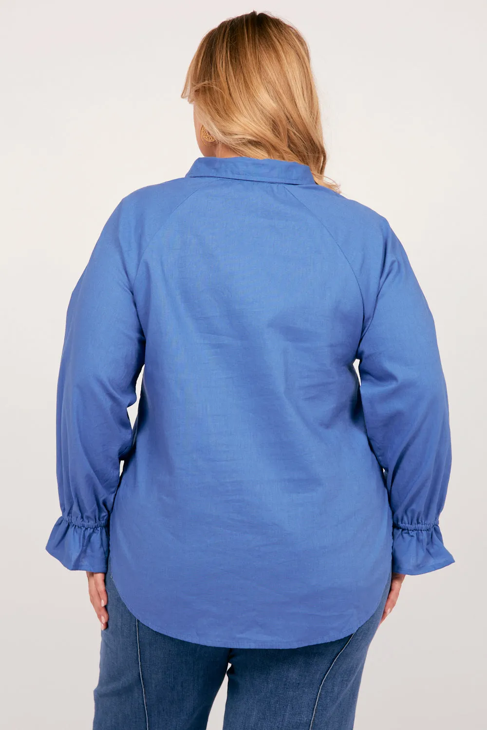 Ebony Frill Cuff Top in Yale Blue Adrift