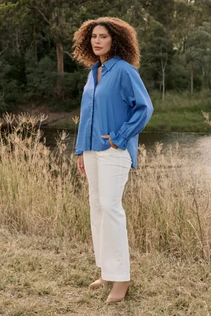 Ebony Frill Cuff Top in Yale Blue Adrift