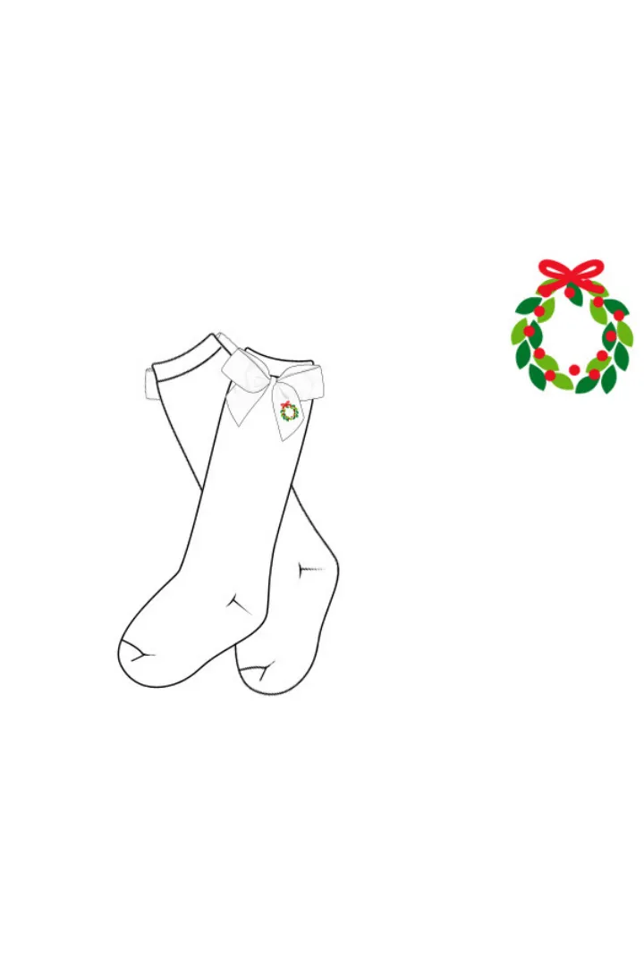 Embroidered Christmas Wreath Bow Socks Smocked Flamingo