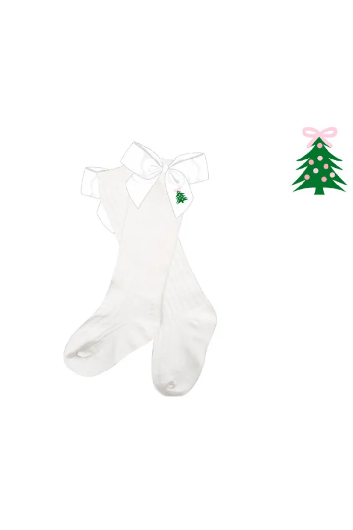 Embroidered Pink Christmas Tree Bow Socks Smocked Flamingo