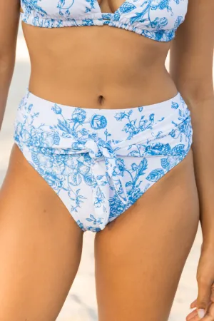 Marina Mood Blue and Ivory Vintage Floral Print Bikini Bottom PINK LILY