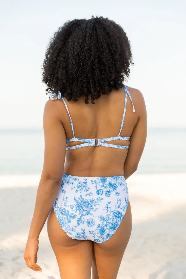 Marina Mood Blue and Ivory Vintage Floral Print Bikini Top PINK LILY