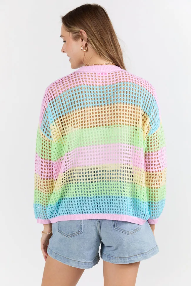 More To Come Open Knit Stripe Crew Neck Sweater PINK LILY