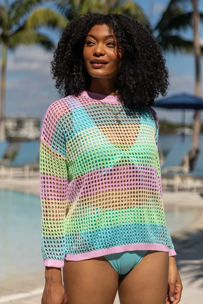 More To Come Open Knit Stripe Crew Neck Sweater PINK LILY