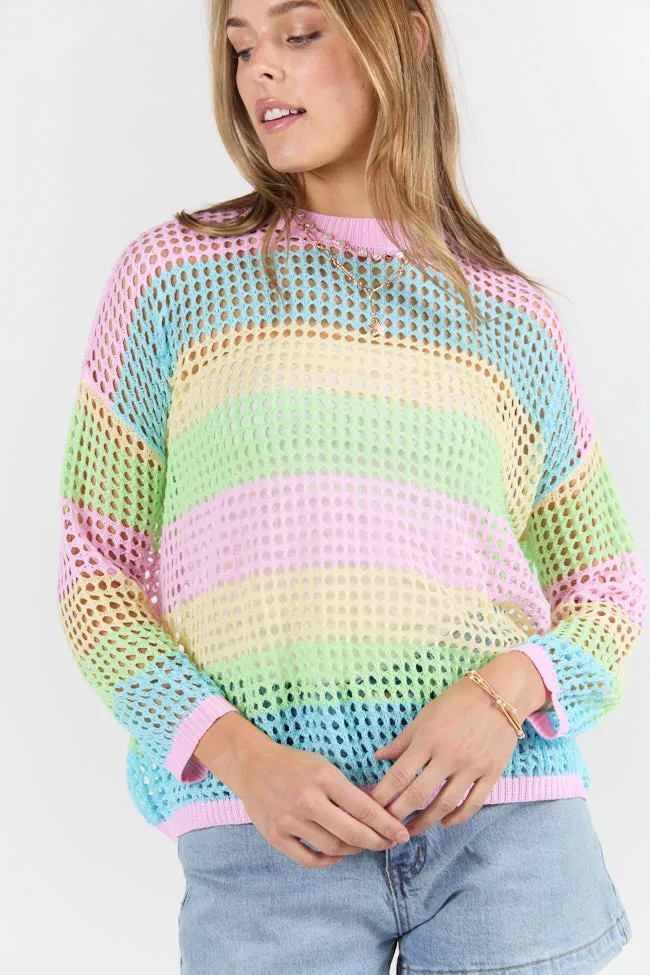 More To Come Open Knit Stripe Crew Neck Sweater PINK LILY