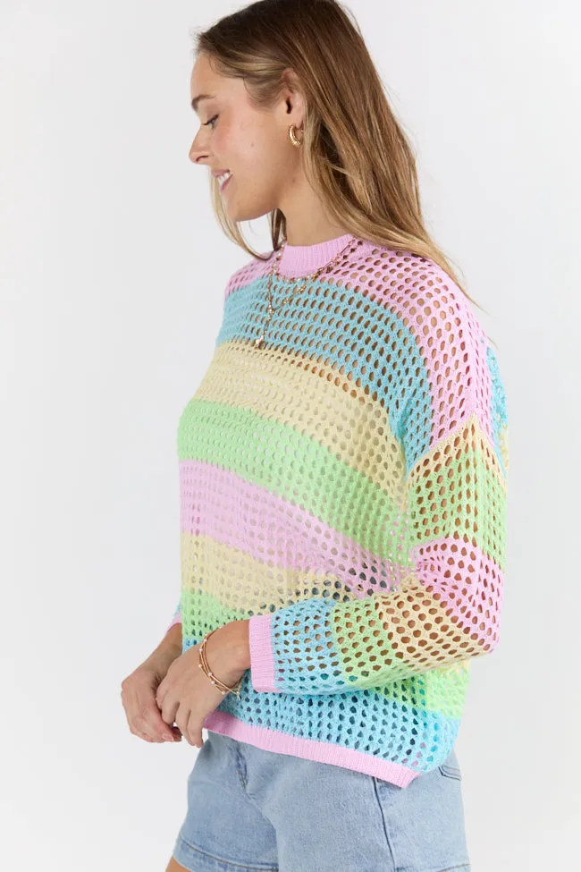 More To Come Open Knit Stripe Crew Neck Sweater PINK LILY
