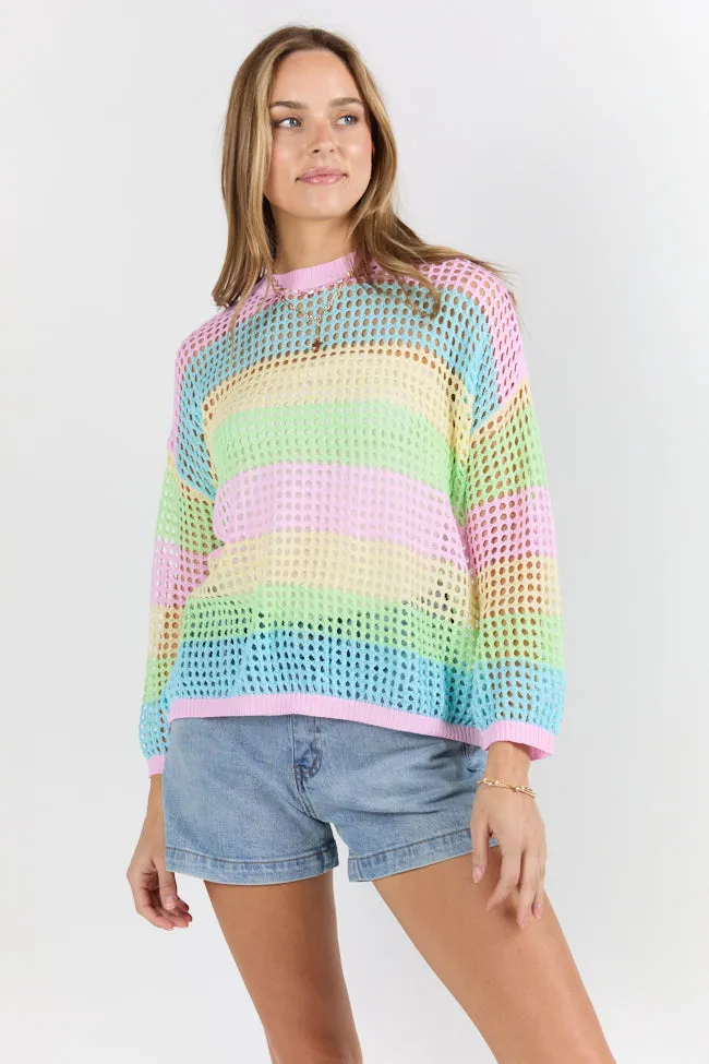 More To Come Open Knit Stripe Crew Neck Sweater PINK LILY