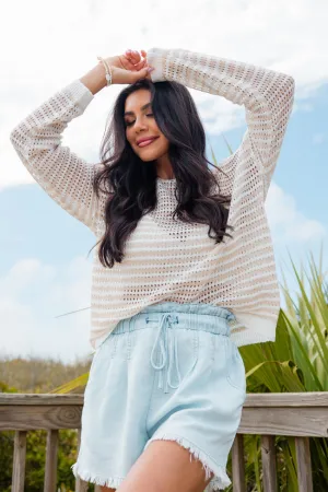 On The Coast Ivory and Beige Striped Boatneck Sweater SALE PINK LILY