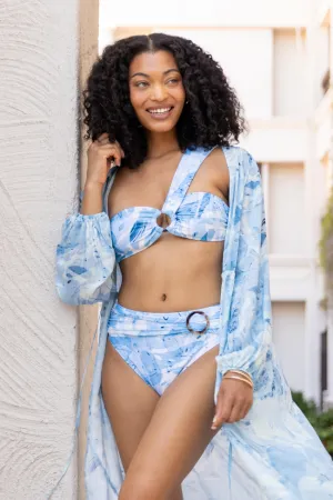 On The Water Blue Printed Asymmetrical Bandeau Bikini Top PINK LILY