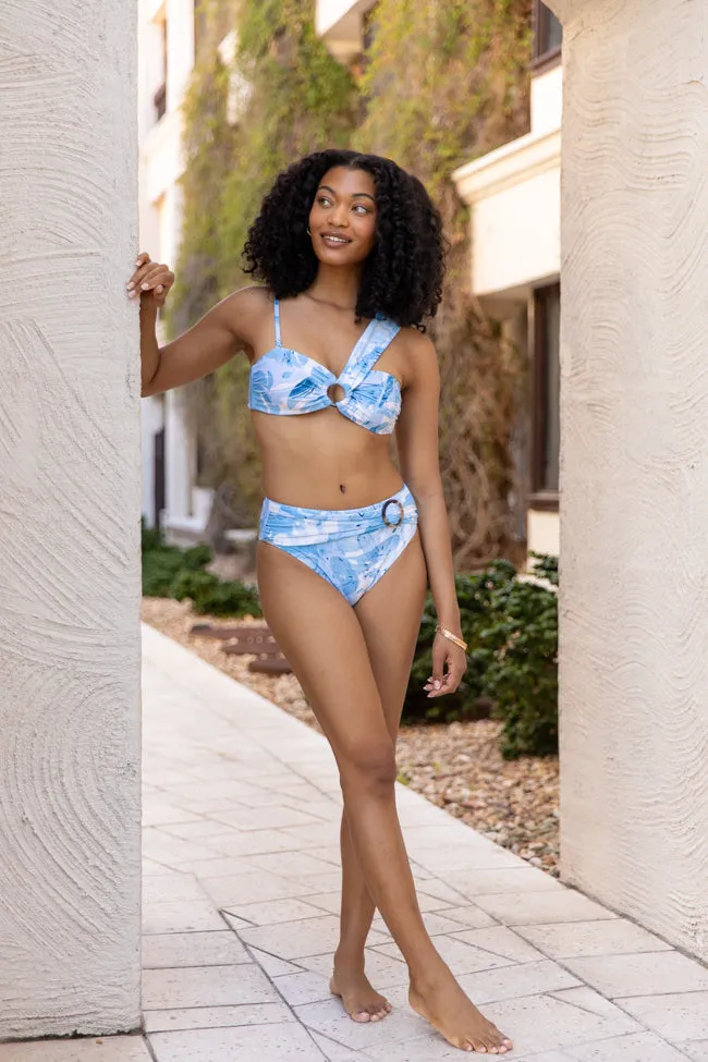 On The Water Blue Printed Asymmetrical Bandeau Bikini Top PINK LILY