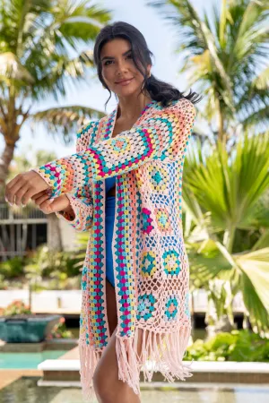 One Last Day Multi Crochet Fringe Hem Cardigan PINK LILY