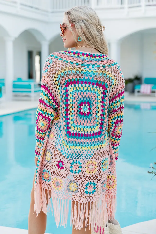 One Last Day Multi Crochet Fringe Hem Cardigan PINK LILY