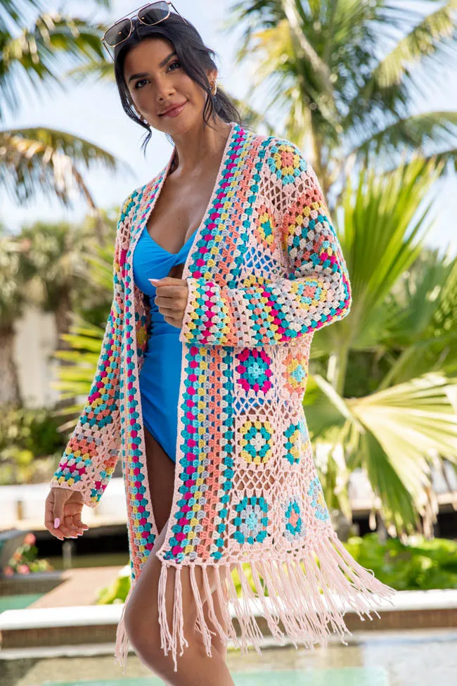 One Last Day Multi Crochet Fringe Hem Cardigan PINK LILY