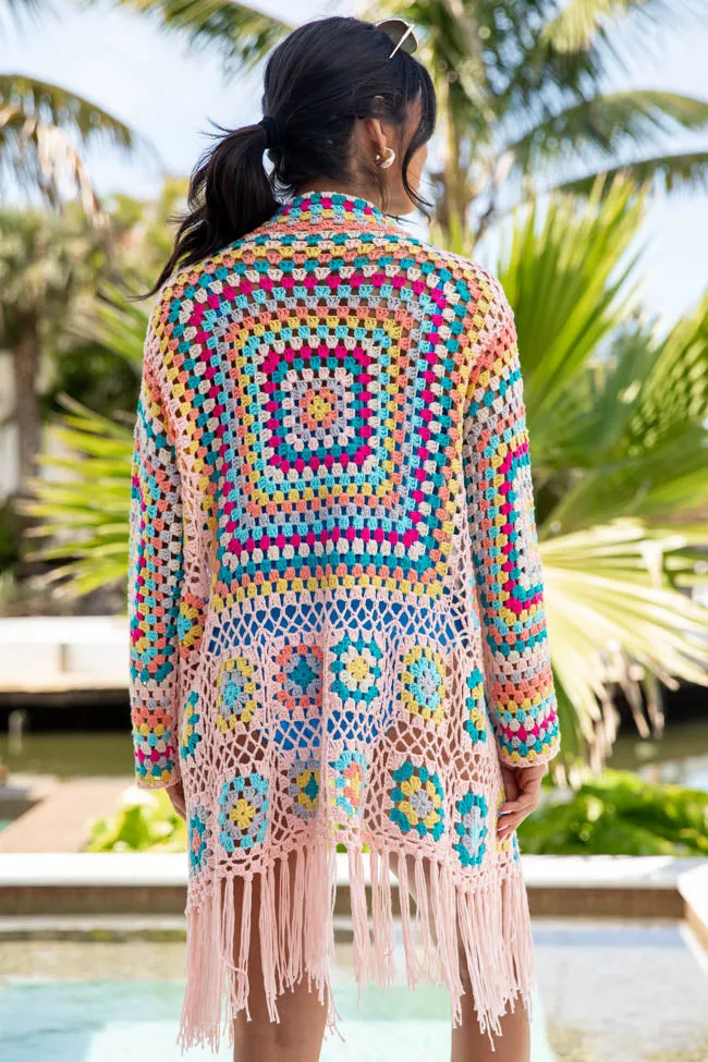 One Last Day Multi Crochet Fringe Hem Cardigan PINK LILY