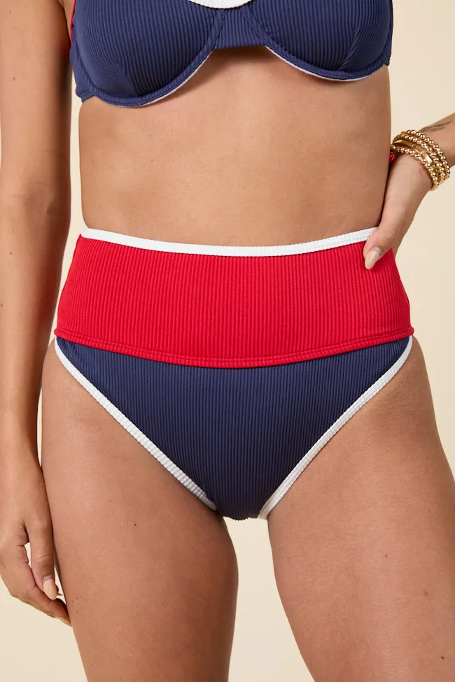 Patriotic Paradise Red, White, and Navy Ribbed Colorblock Bikini Bottoms PINK LILY