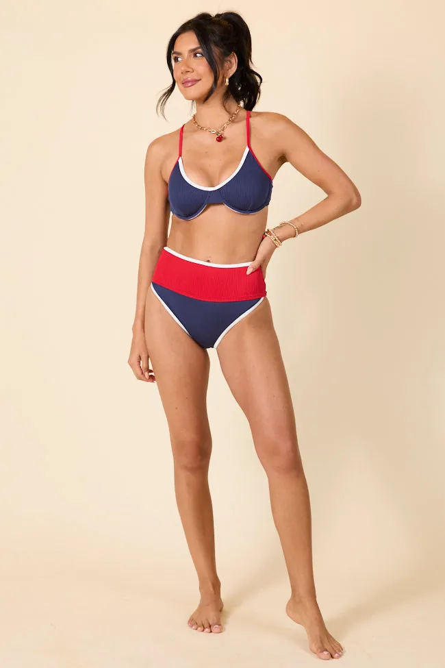 Patriotic Paradise Red, White, and Navy Ribbed Colorblock Bikini Bottoms PINK LILY