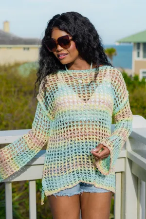 Reality Called Yellow and Mint Multi Stripe Open Knit Sweater SALE PINK LILY