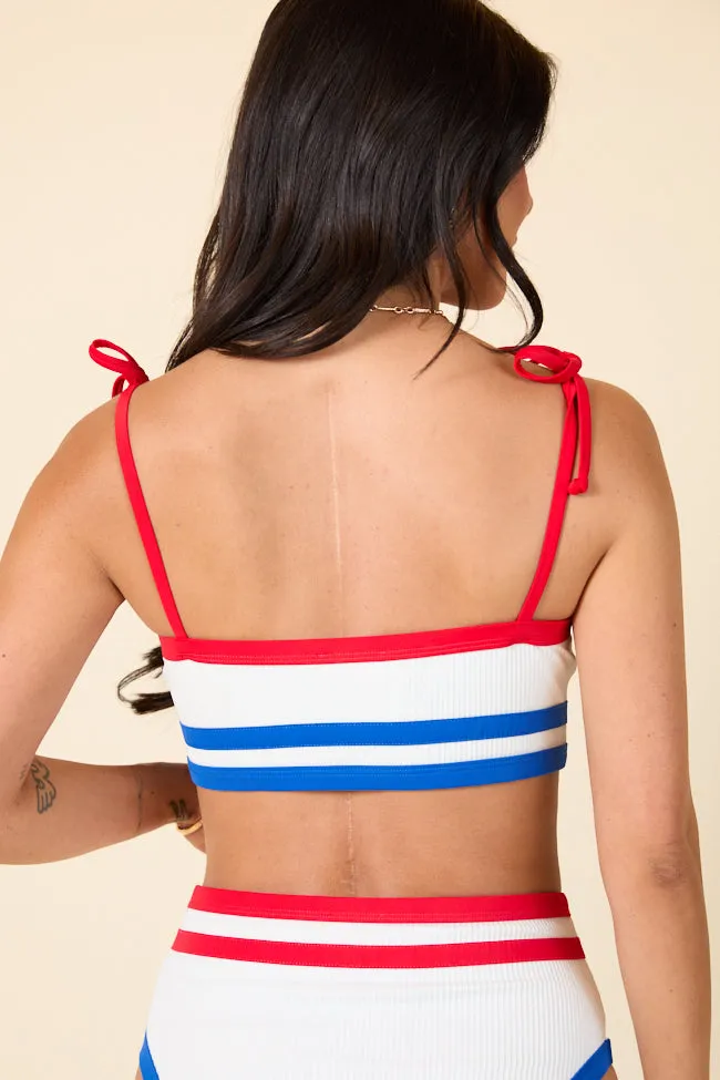 Red White and You White Ribbed Tie Shoulder Bikini Top PINK LILY