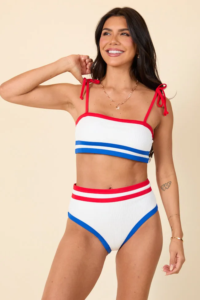Red White and You White Ribbed Tie Shoulder Bikini Top PINK LILY