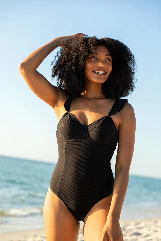 Ride The Waves Black Ruffle Shoulder One Piece Swimsuit PINK LILY