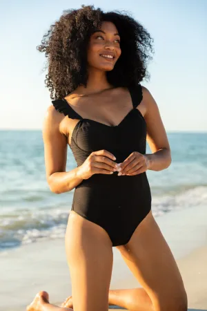 Ride The Waves Black Ruffle Shoulder One Piece Swimsuit PINK LILY