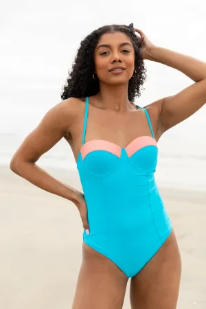 Sandbar Soiree Blue and Coral Contrast Trim One Piece Swimsuit SALE PINK LILY