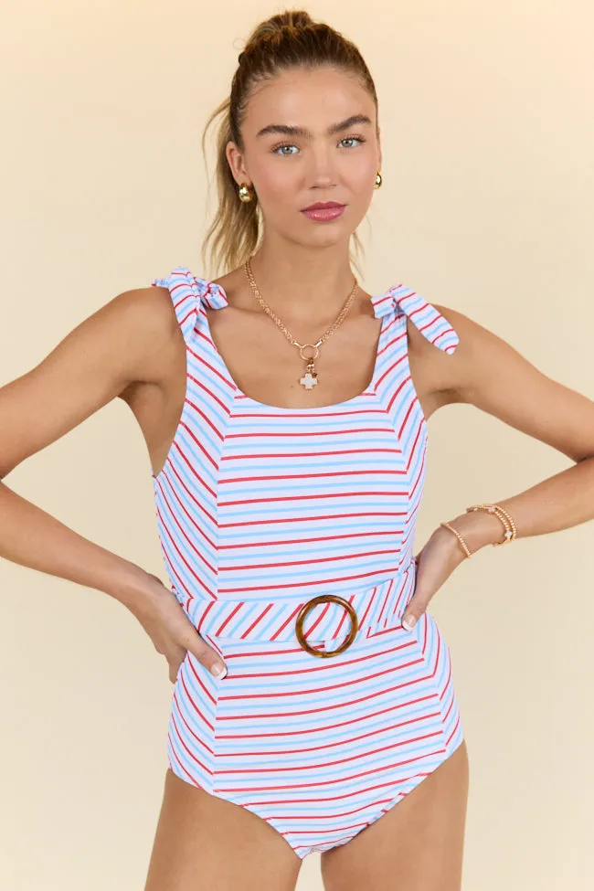 Sea To Shining Sea Multi Stripe Belted One Piece Swimsuit PINK LILY