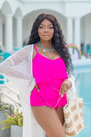 Seaside Style Hot Pink Tiered Ruffle Tankini Top SALE PINK LILY